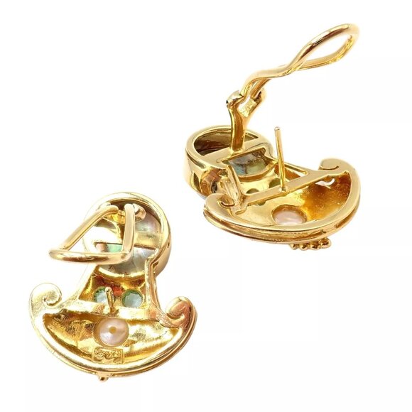 Rare! Vintage Paula Crevoshay 18k Gold Abalone Pearl Blue Gemstone Earrings OOAK - Picture 11 of 15